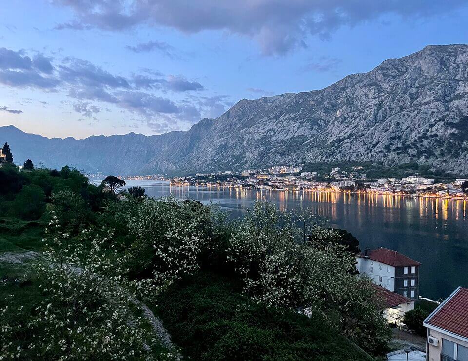 Eine malerische Aussicht in der Abenddämmerung auf die Küstenstadt Kotor in Montenegro mit ihrer beleuchteten Uferpromenade, eingebettet zwischen einer ruhigen Bucht und schroffen Bergen, unter einem sanften Abendhimmel; im Vordergrund sind blühende Bäume und Dächer zu sehen.