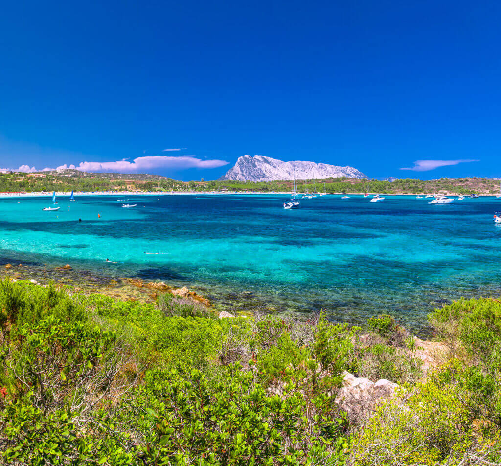 Panoramablick auf eine kristallklare, türkisfarbene Bucht mit Segelbooten in der Nähe von Olbia, gesäumt von üppigem Grün unter einem strahlend blauen Himmel. In der Ferne sind auf der anderen Seite des Wassers Berge sichtbar.