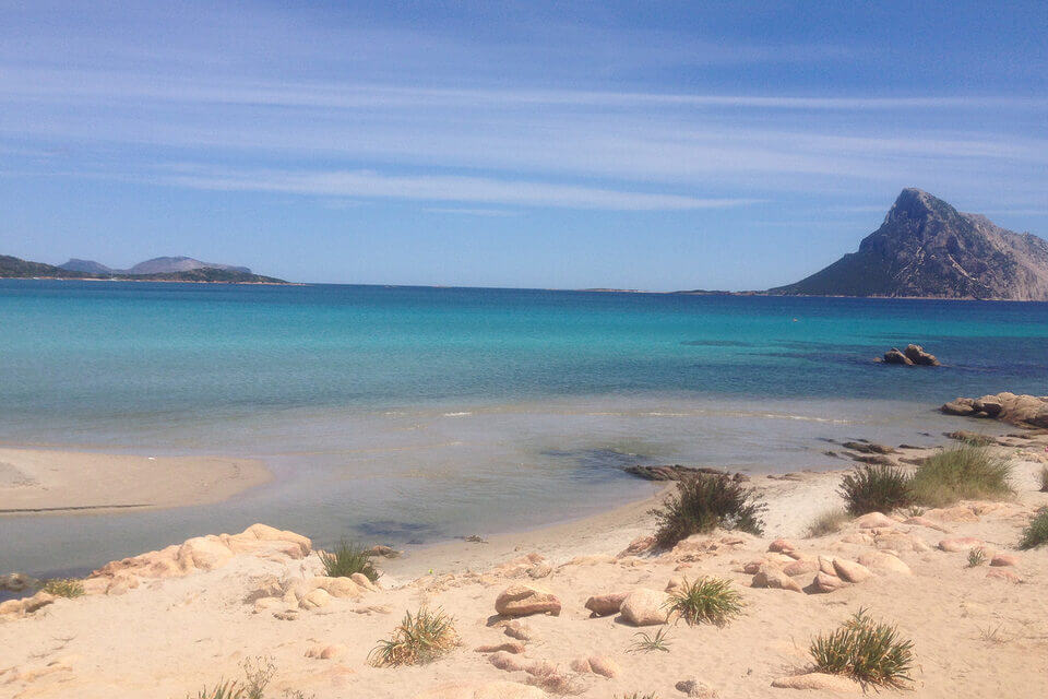 Eine ruhige Strandszene in Olbia mit klarem, türkisfarbenem Wasser, Sandstrand, einigen Felsen in flachen Bereichen und einem markanten Berg im Hintergrund unter einem klaren, blauen Himmel.